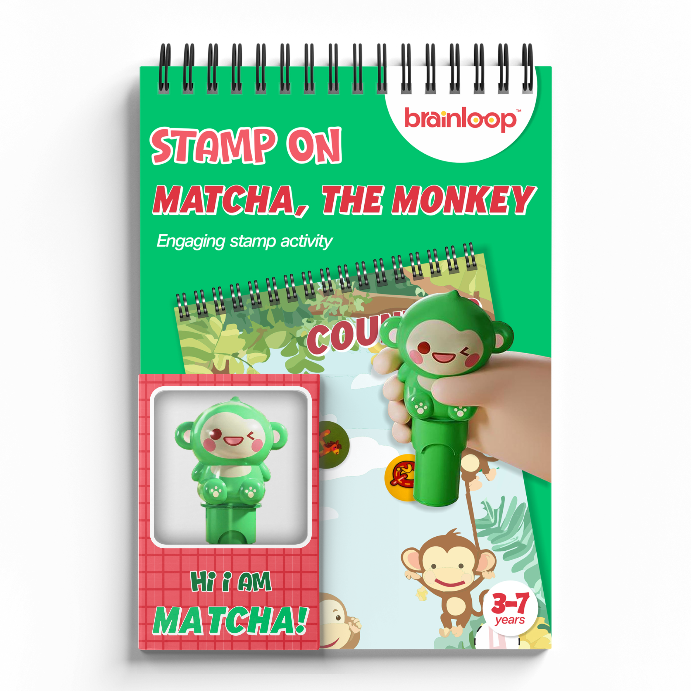 Stamp on - Matcha, the Monkey | 3D Monkey Stamper, Activity Pad and 100 Stamps (3-7 years)
