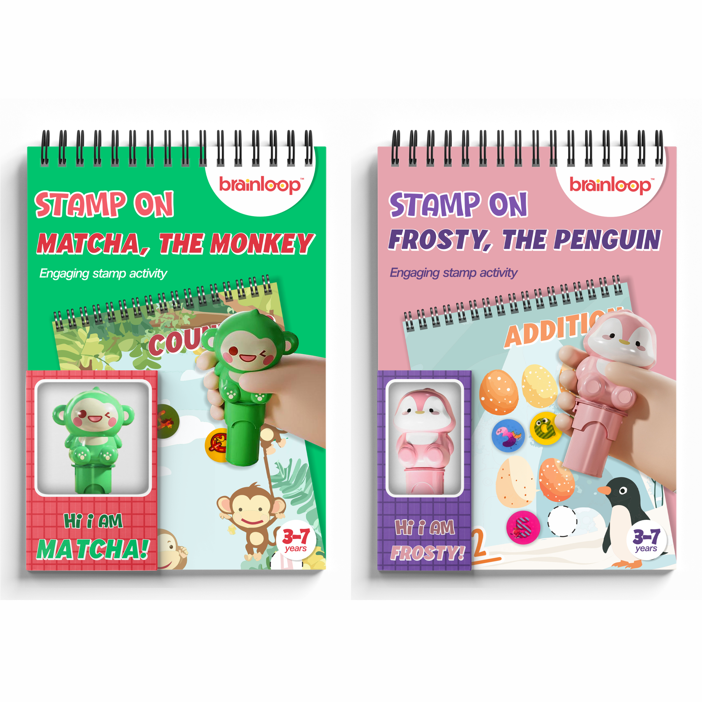 Stamp on - Matcha, the Monkey and Frosty, the Penguin | 3D Monkey Stamper, Activity Pad and 200 Stamps (3-7 years)